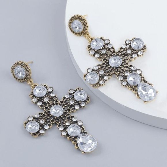 GOLD WHITE CRYSTAL CROSS DANGLE EARRINGS - Picture 1 of 2